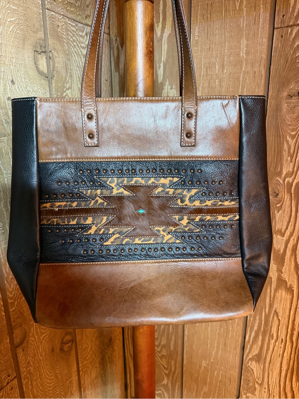 Two-Tone Brown and Black Southwestern Studded Tote with Turquoise Accent